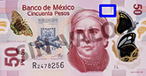 Señalización de la ubicación de un ejemplo de fondos lineales en el anverso del billete de 50 pesos de la familia F1