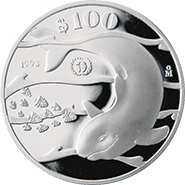 Reverso de la moneda de plata conmemorativa del Programa de las Naciones Unidas para la Proteccin del Medio Ambiente, vaquita marina
