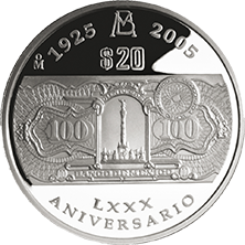 Reverso de la moneda de plata conmemorativa de los 80 aos de la fundacin del Banco de Mxico