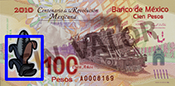 Señalización de la ubicación del elemento que cambia de color en el billete de 100 pesos de la familia F, conmemorativo de la Revolución Mexicana