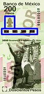 Señalización de la ubicación del elemento que cambia de color en el billete de 200 pesos de la familia F, conmemorativo de la Independencia de México