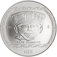 Reverso de la moneda en acabado satn carita sonriente, coleccin Precolombina en plata, coleccin del centro de Veracruz