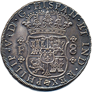 Anverso de la moneda columnario o de mundos y mares de 1732
