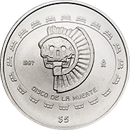 Reverso de la moneda disco de la muerte en acabado satn, coleccin precolombina en plata, coleccin teotihuacana