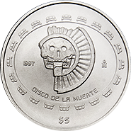 Reverso de la moneda disco de la muerte en acabado sat�n, colecci�n precolombina en plata, colecci�n teotihuacana
