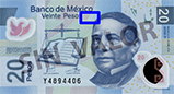 Señalización de la ubicación de un ejemplo de fondos lineales en el anverso del billete de 20 pesos de la familia F