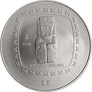 Reverso de la moneda hombre jaguar en acabado satn, coleccin precolombina en plata, coleccin olmeca