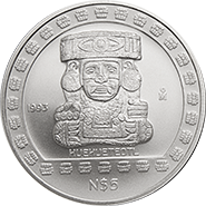 Reverso de la moneda huehuetotl (el viejo dios del fuego) en acabado satn, coleccin azteca, Coleccin Precolombina plata