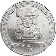 Reverso de la moneda huehuet�otl (el viejo dios del fuego) en acabado sat�n, colecci�n azteca, Colecci�n Precolombina plata