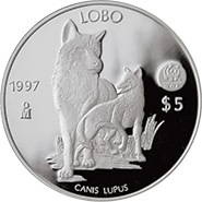 Reverso de la moneda de plata conmemorativa del Fondo Mundial para la Naturaleza, lobo mexicano
