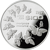 Reverso de la moneda de plata conmemorativa del Fondo Mundial para la Naturaleza, mariposa monarca