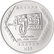 Reverso de la moneda de plata mascarn del dios chaac en acabado satn, coleccin precolombina, coleccin maya