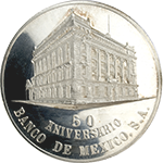 Anverso de la medalla de plata del cincuenta aniversario del Banco de Mxico