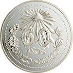 Anverso de la medalla de plata del sesenta aniversario del Banco de Mxico