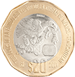 Reverso de la moneda de 20 pesos de la familia C1, conmemorativa de los 700 años de la fundación lunar de México-Tenochtitlan
