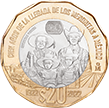 Reverso de la moneda de 20 pesos, conmemorativa de los cien años de la llegada de los Menonitas a México