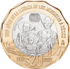 Reverso de la moneda de 20 pesos, conmemorativa de los cien años de la llegada de los menonitas a México