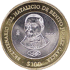 Reverso de la moneda de curso legal sin circular, conmemorativa del 200 Aniversario del natalicio de don Benito Juárez García