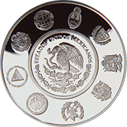 Anverso de la moneda disciplinas de oro olmpico mexicano de la serie Iberoamericana de plata en acabado espejo