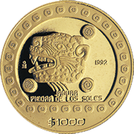 Reverso de la moneda jaguar piedra de los soles, coleccin azteca, Coleccin Precolombina Oro en acabado espejo