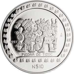 Reverso de la moneda piedra de Tizoc en acabado satn, coleccin azteca, Coleccin Precolombina plata