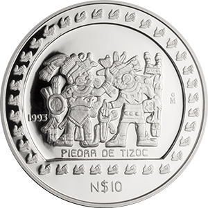 Reverso de la moneda piedra de Tizoc en acabado sat�n, colecci�n azteca, Colecci�n Precolombina plata