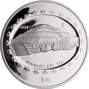 Reverso de la moneda pir�mide del sol en acabado sat�n, colecci�n precolombina en plata, colecci�n teotihuacana