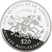 Reverso de la moneda de plata conmemorativa del 400 aniversario de la primera edicin de El Quijote de la Mancha