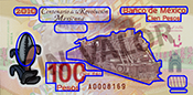 Señalización de los relieves sensibles al tacto en el billete de 100 pesos de la familia F, conmemorativo de la Revolución Mexicana