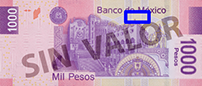 Señalización de la ubicación de un ejemplo de fondos lineales en el reverso del billete de 1000 pesos de la familia F