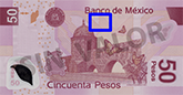 Señalización de la ubicación de un ejemplo de fondos lineales en el reverso del billete de 50 pesos de la familia F