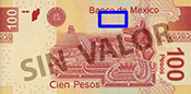 Señalización de la ubicación de un ejemplo de fondos lineales en el reverso del billete de 100 pesos de la familia F