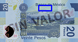 Señalización de la ubicación de un ejemplo de fondos lineales en el reverso del billete de 20 pesos de la familia F