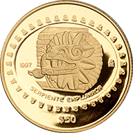 Reverso de la moneda serpiente emplumada, colecci�n teotihuacana, Colecci�n Precolombina Oro en acabado espejo